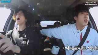 Jungkook, V, Jin and J-Hope singing inside the car during Bon Voyage season 4