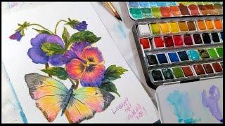 Pansy and Butterfly REAL TIME tutorial & LUKAS 1862 Watercolor 48 set REVIEW!