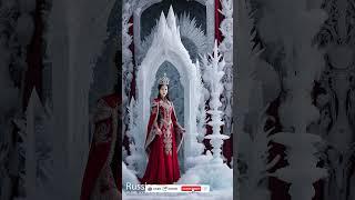 Regal Snow AI Queen in Fur Cape Standing Next to Elaborate Ice Throne Shorts
