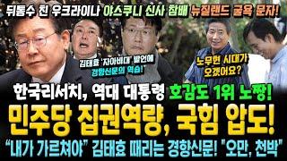 한국리서치, 민주당 집권역량 국힘 압도! 호감도 1위는 노짱! "내가 가르쳐야" 김태효 자아비대 발언 때리는 경향신문! 뒤통수 친 우크라이나!