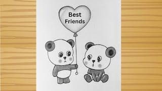 Best friends drawing - BFF drawing for beginners step by step / Cute panda drawing easy / Art