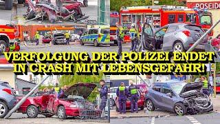 +++ VERFOLGUNG MIT DER POLIZEI ENDET IN SCHWEREM CRASH +++ FLÜCHTIGER IN LEBENSGEFAHR | FEUERWEHR