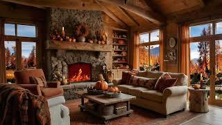 Cozy Cabin Ambience With Fall Decor On An Autumnal Day With Crackling Fireplace