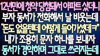 (반전 사연) 12년만에 청약 당첨돼서 아파트 샀더니 부자 동서가 전화해서 날 비웃는데 내가 조용히 문자 하나를 보내자 동서가 경악하며 그대로 쓰러지는데 /사이다사연/라디오드라마