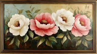 Vintage White and Pink Peony Garden, Oil Painting | Gold Framed Art Screensaver for TV