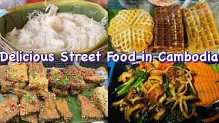 Delicious Street food in Cambodia-Rice vermicelli- Grilled honeycomb-waffles-Sticky rice wraps…