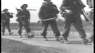 British troops preceded by a bagpiper march along a road in Caen, France during W...HD Stock Footage
