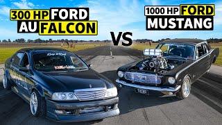 Drag Racing, Aussie style! 1000hp Burnout Mustang vs Sleeper Ford Falcon