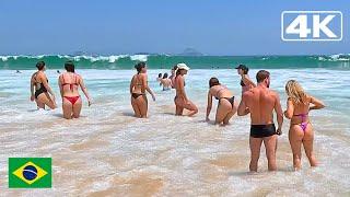  4K ⁶⁰ Heat and strong waves at Leblon Beach | Beach walk Rio de Janeiro.