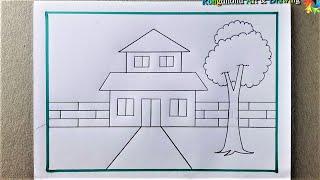 House Scenery Drawing  Ghar ka Chitra Easy to drawing and Painting