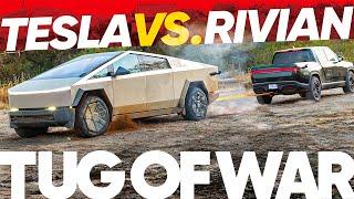 Tug of War! Tesla Cybertruck Beast vs. Rivian R1T Tri!