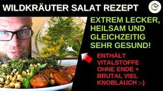 Wildkräuter Salat Rezept mit reichlich Knoblauch, Tomate-Mozzarella und gerösteten Cashewkernen