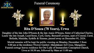 Funeral Ceremony of Rita D'Souza (78 Years) Our Lady of Immaculate Conception Church, Urwa