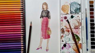 WATERCOLOR AND COLOR PENCILS FASHION ILLUSTRATION • HOW TO DRAW CASUAL OUTFIT