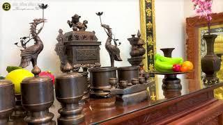 Bộ Đồ Thờ Bằng Đồng Đỏ Mẫu Đỉnh Vuông Tứ Linh Hạ Màu Thời Gian