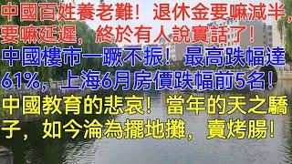 中國百姓養老難！退休金要嘛減半，要嘛延遲，終於有人說實話了！中國樓市一蹶不振！最高跌幅達61%，上海6月房價跌幅前5名！中國教育的悲哀！當年的天之驕子，如今淪為擺地攤，賣烤腸！