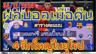 ผลบอลเมื่อคืน/พรีเมียร์ลีก/ลาลีก้า/เดเอฟเโพคาล/โคปปาอิตาเลีย/เอเอฟซี แชมเปี้ยนส์ ลีก/4/12/2024