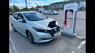 Charging a Nissan Leaf EV at a Tesla Supercharger in Finland using CCS to Chademo Adapter