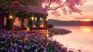 Springtime Sunset Ambience: Cozy Lake Cottage Relaxation 8 Hours Nature Sounds