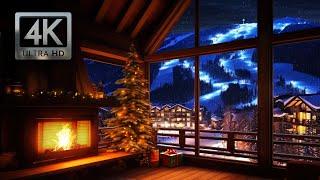 Cozy Fireplace at the Winter Ski Lodge, Christmas Background Ambience with Crackling Fire Sounds