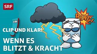 Gewitter: Wie entstehen Blitz & Donner? | SRF Kids – Clip und klar! | Für Kinder erklärt