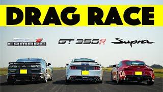 Ford Mustang GT350R vs Toyota GR Supra vs Chevy Camaro ZL1, Legendary Drag and Roll Race.