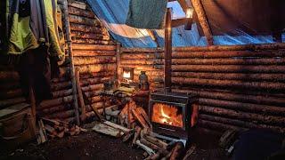 Camping in Heavy Rain in a Cozy Cabin, Bushcraft Camping, cooking on iron stove