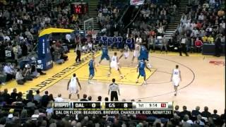 Corey Brewer gets crossed by Steph Curry and Monta Ellis!!!