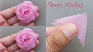 DIY: How to make an adorable fabric rose flower in just 6 minutes! | DIY Fabric Flower embroidery