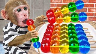 KiKi Monkey try to sneak Rainbow Jelly Candy Ice Cream into the jail & face police |KUDO ANIMAL KIKI