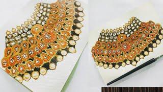 Bridal Jewellery Illustration | Kundan Necklace Design | Only Water colour's Medium 