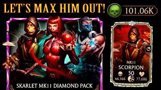 MK Mobile. Trying to MAX MK11 Scorpion with 100k Souls. INSANE Pack Opening!