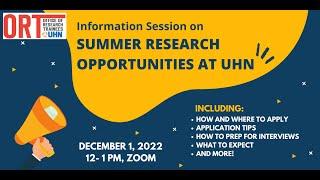 Information Session on Summer Research Opportunities at UHN