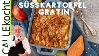 Süßkartoffel-Auflauf mit Käse im Ofen lecker zubereiten. Bestes Rezept