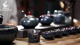 Chinese Blue Furnace Transmutation Tea Set