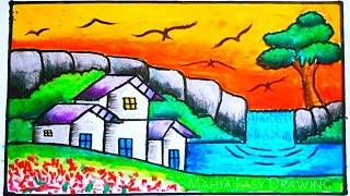 How to draw Nature scenery of waterfall, Sunset and houses|Easy waterfall sunset scenery Drawing#art