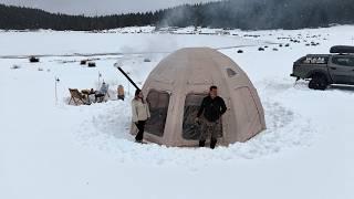 NEW HOT STOVE TENT CAMP IN HEAVY SNOWFALL / LAKE BROKE