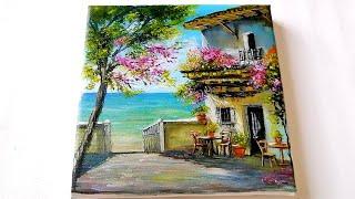 Acrylic Painting / How to draw House Cafeteria in Beach Seascape Scenery #art #drawing #diy #asmr