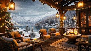 Cozy Winter Porch Ambience  Warm Piano Jazz Music and Crackling Fireplace on a Snowy Day for Relax