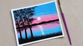 Easy lake sunset painting| Acrylic painting for beginners | Pink sunset painting