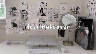 aesthetic desk makover, korean + pinterest inspired, manga + anime prints, black & white theme