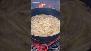 French fries over the campfire @lodgecastiron  @BarebonesLiving  #grilling #outdoorcooking #cats