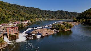 Kanawha Falls West Virginia, aerial and up close view of the falls.