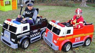 children play with fire truck and police truck , adel et sami