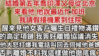 結婚第五年喬印澤父母從北京來看他，他說最近忙加班 我請假接機累到住院，醒來見他女客戶曬生日禮物滿鑽的高定項鏈，我簽好離婚協議消失，他大怒打爆我電話叫回去伺候他爸媽 否則離婚，不料我這樣做他徹底瘋了