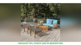 Outdoor Acacia Wood Sofa Set With Water Resistant Cushions, 4-Pcs Set, Brown Patina / Teal