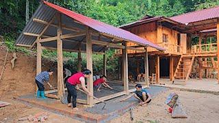 Build wooden kitchen, design floor, ask sister and neighbor to help pour concrete floor