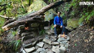 BUILDING a Bushcraft shelter for camping in INDIA,under the fallen tree in INDIA, Bushcraft