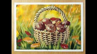 How to draw a BASKET WITH MUSHROOMS with paints, gouache is easy. Step by step drawing for beginners