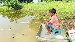 Best Fishing Videos 2024 || Traditional Boy Hunting Fish Useing Bamboo Tools Hook In Village Pond